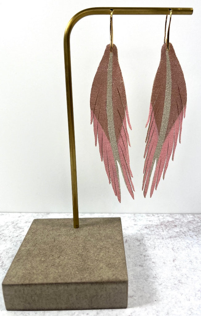 Short Feather Leather Earrings - Rose Gold/Cotton Candy Pink-Short Feather Leather Earrings-Wholesale-Boutique-Clothing-Accessories