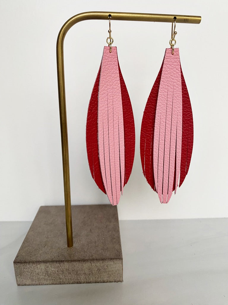 Stacked Leaf 2 Layer Leather Earrings - Lipstick Red Soft Pink-Leather-Wholesale-Boutique-Clothing-Accessories