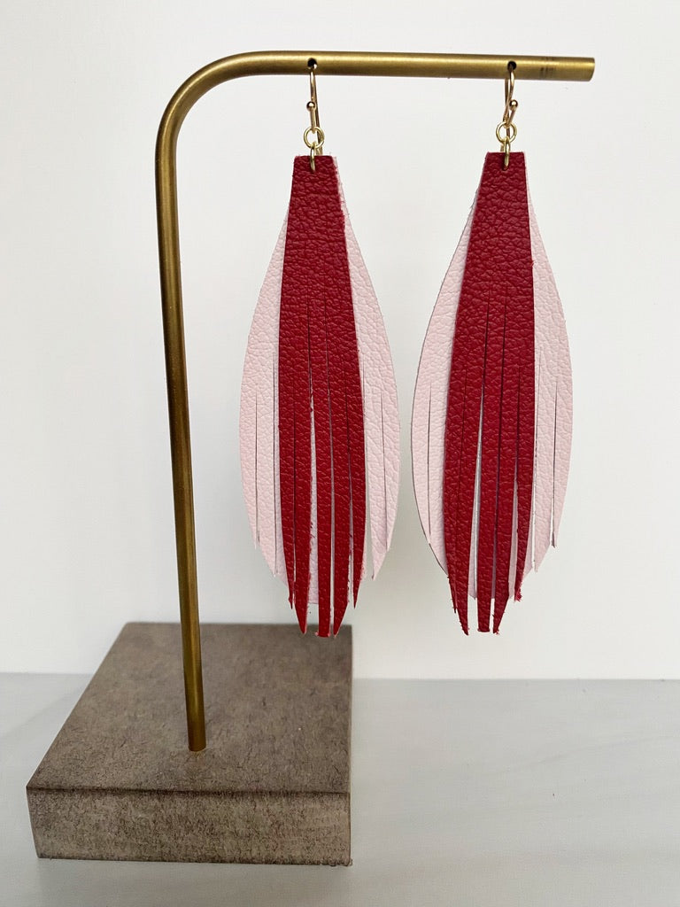 Stacked Leaf 2 Layer Leather Earrings - Baby Pink Bright Red-Leather-Wholesale-Boutique-Clothing-Accessories