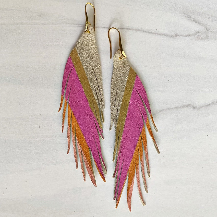 Short Feather Diagonal Stripe Leather Earrings - Orange Pink Gold-Short Feather Leather Earrings-Wholesale-Boutique-Clothing-Accessories