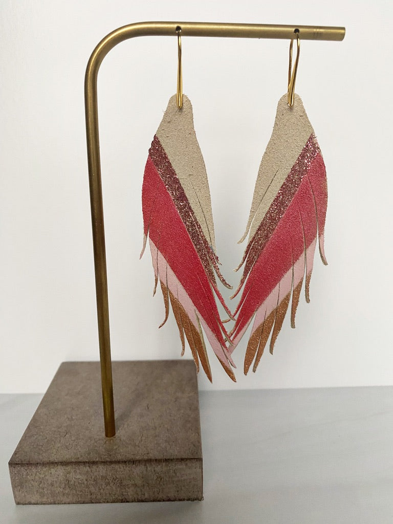 Diagonal Stripe Leather Earrings - Pink Glitter Red Shell Pink Rose Gold-Short Feather Leather Earrings-Wholesale-Boutique-Clothing-Accessories