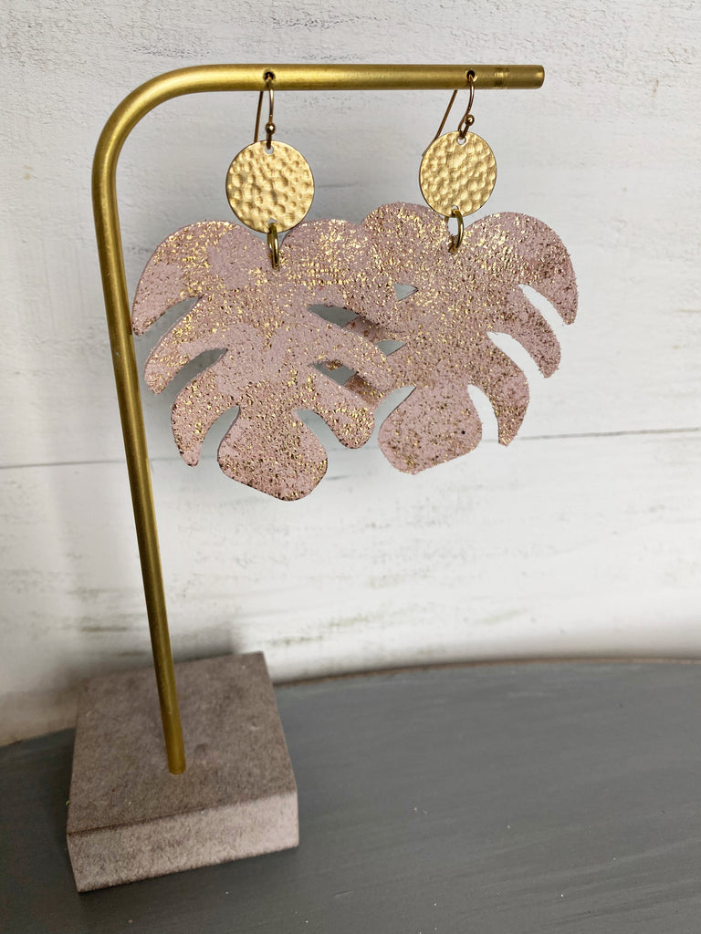 Monstera Leaf Leather Earrings - Blush Pink Gold Dust-Single Layer Leather Earrings-Wholesale-Boutique-Clothing-Accessories