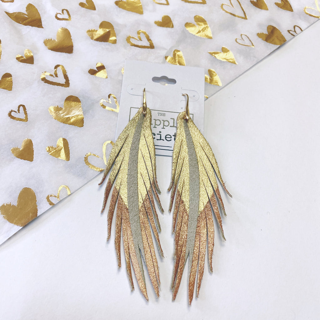 Short Feather Leather Earrings - Gold/Rose Gold Painted-Short Feather Leather Earrings-Wholesale-Boutique-Clothing-Accessories