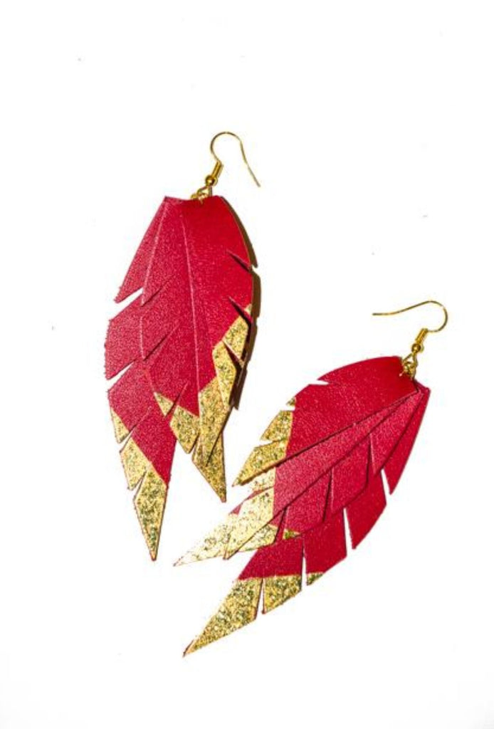 Layered Leather Earring- Red/Gold Dipped-Layered Leather Earrings-Wholesale-Boutique-Clothing-Accessories