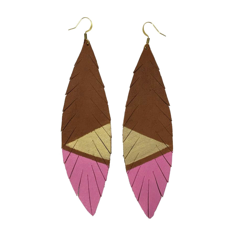 Feather Deerskin Leather Earrings - Champagne Hot Pink-Deerskin Leather Earrings-Wholesale-Boutique-Clothing-Accessories