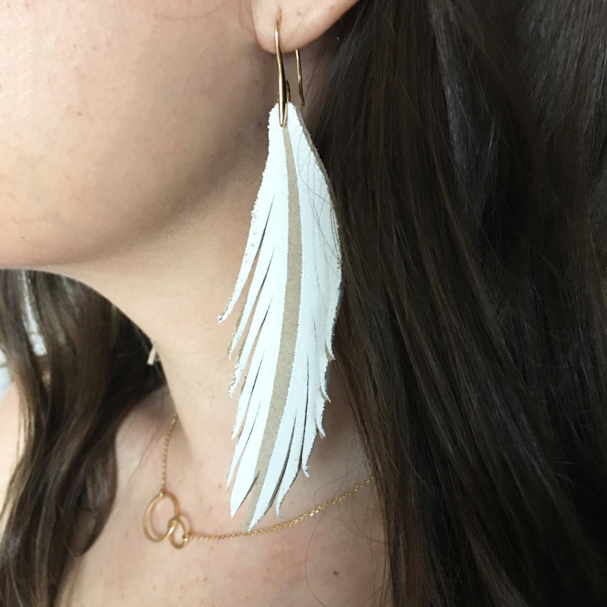 Short Feather Leather Earrings - White Painted-Short Feather Leather Earrings-Wholesale-Boutique-Clothing-Accessories