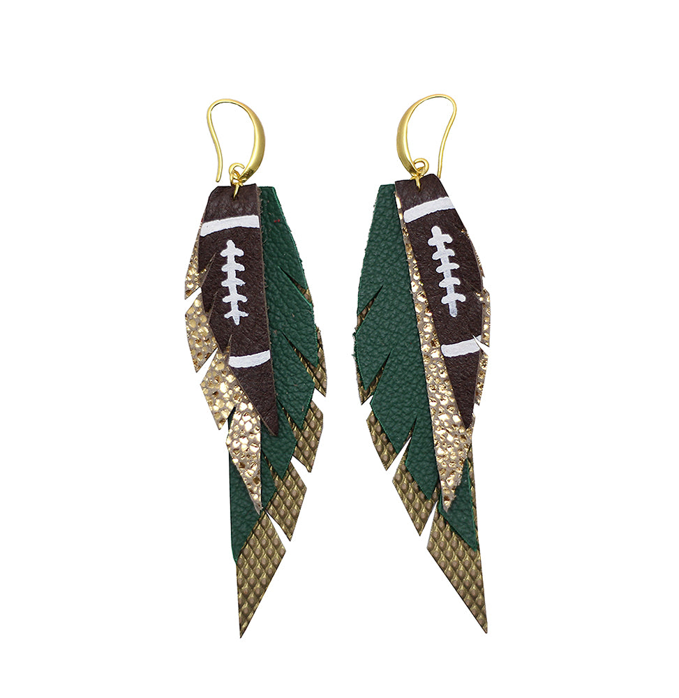 Layered Leather Football Earring- Green Gold-Layered Feather + Dipped Earrings-Wholesale-Boutique-Clothing-Accessories