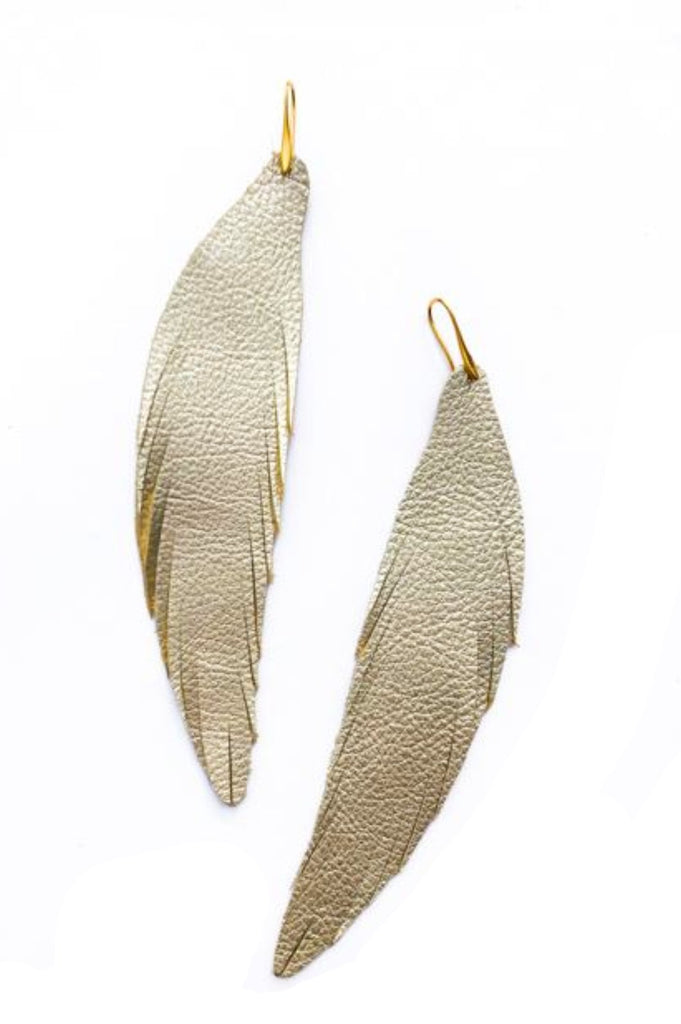 Long Feather Leather Earring - Dark Gold Pebbled-Long Feather Leather Earrings-Wholesale-Boutique-Clothing-Accessories