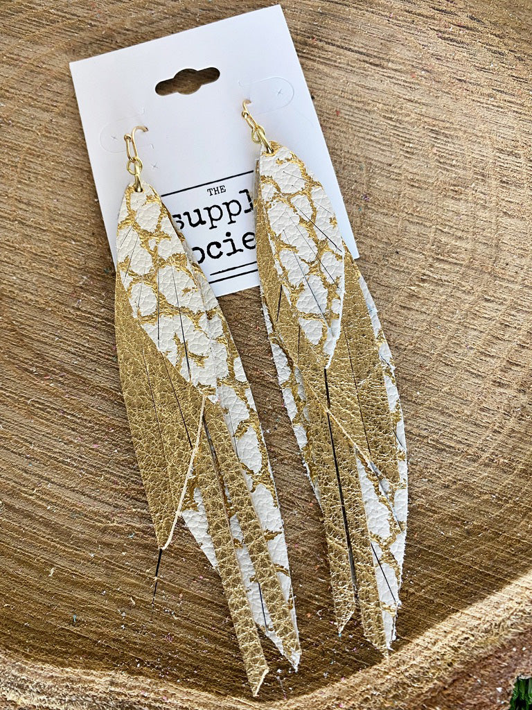 Layered Feather with Tassel Earrings - Dino White/Pebbled Gold-Layered Leather Earrings-Wholesale-Boutique-Clothing-Accessories