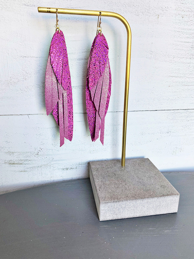 Layered Feather with Tassel - Fuchsia Stingray/Pink Dazzle-Layered Leather Earrings-Wholesale-Boutique-Clothing-Accessories