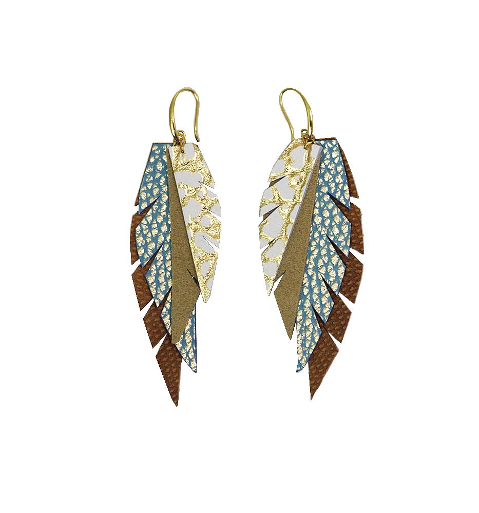 Layered Leather Earring- Blue and Gold-Layered Feather + Dipped Earrings-Wholesale-Boutique-Clothing-Accessories