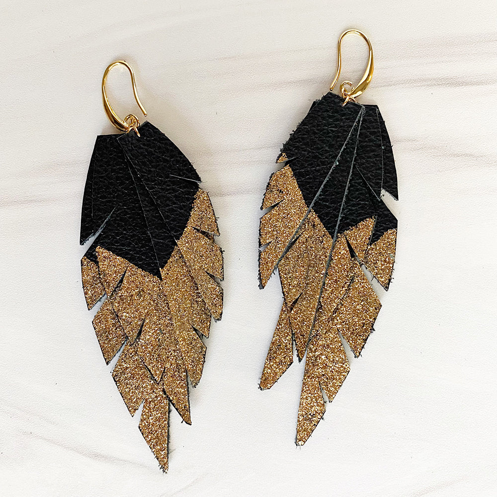 Layered Leather Earring- Black/Gold Dipped-Layered Feather + Dipped Earrings-Wholesale-Boutique-Clothing-Accessories