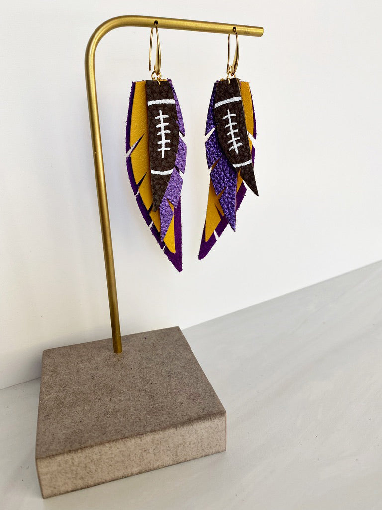 Layered Leather Football Earring - Purple and Yellow-Layered Feather + Dipped Earrings-Wholesale-Boutique-Clothing-Accessories