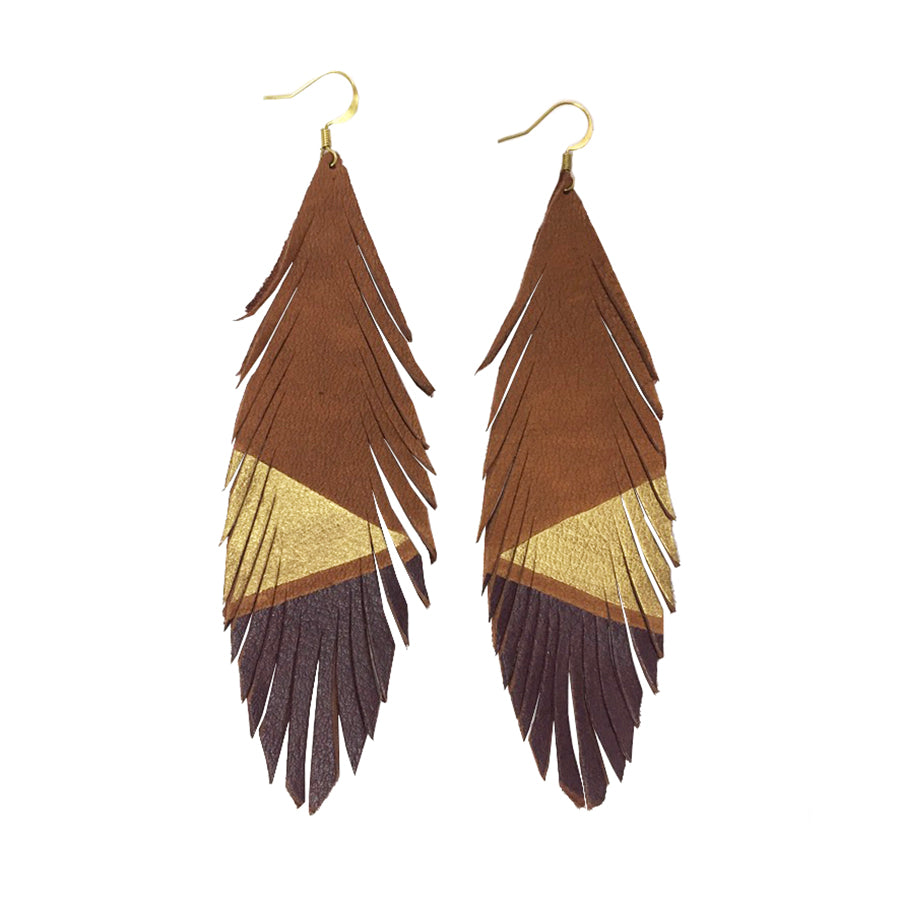 Feather Deerskin Leather Earrings - Gold Burgundy-Deerskin Leather Earrings-Wholesale-Boutique-Clothing-Accessories