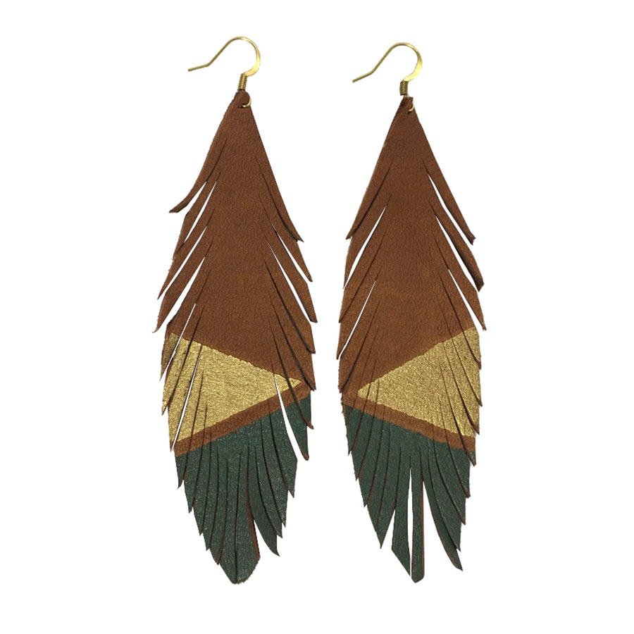 Feather Deerskin Leather Earrings - Gold Olive-Deerskin Leather Earrings-Wholesale-Boutique-Clothing-Accessories