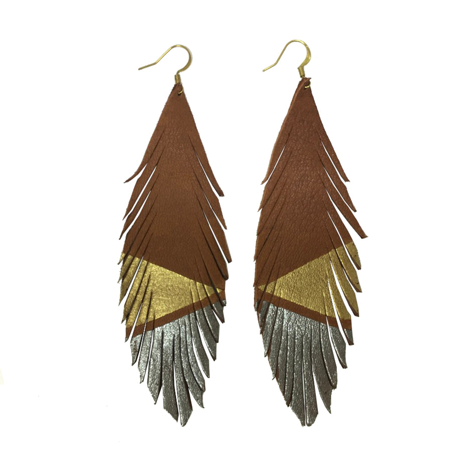 Feather Deerskin Leather Earrings - Gold Pewter-Deerskin Leather Earrings-Wholesale-Boutique-Clothing-Accessories