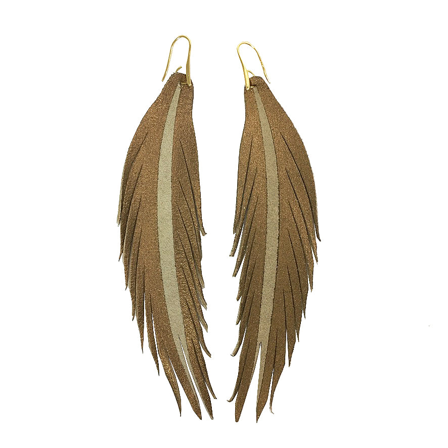 Long Feather Leather Earring - Bronze Painted-Long Feather Leather Earrings-Wholesale-Boutique-Clothing-Accessories