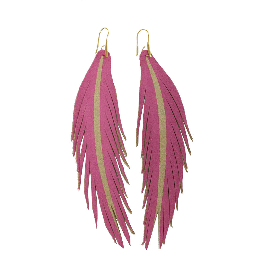 Long Feather Leather Earring - Hot Pink Painted-Long Feather Leather Earrings-Wholesale-Boutique-Clothing-Accessories
