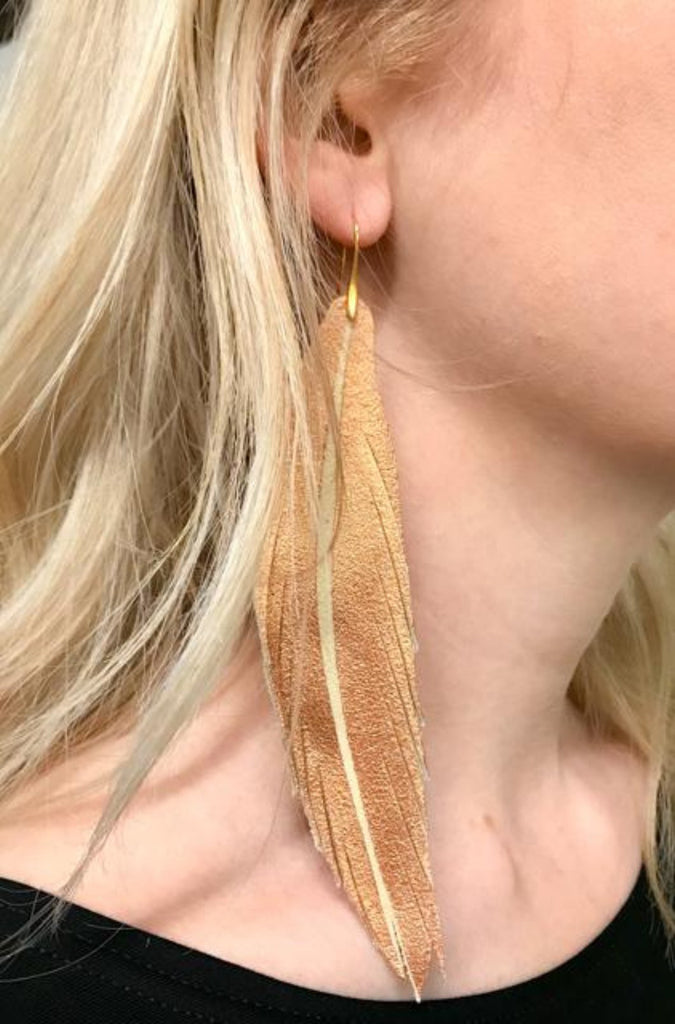 Long Feather Leather Earring - Hot Pink Painted-Long Feather Leather Earrings-Wholesale-Boutique-Clothing-Accessories