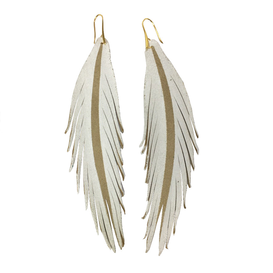 Long Feather Painted Leather Earrings - White Painted-Long Feather Leather Earrings-Wholesale-Boutique-Clothing-Accessories