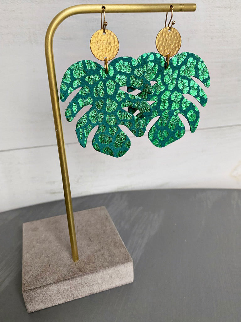 Monstera Leaf Leather Earrings - Emerald Green Leopard-Single Layer Leather Earrings-Wholesale-Boutique-Clothing-Accessories