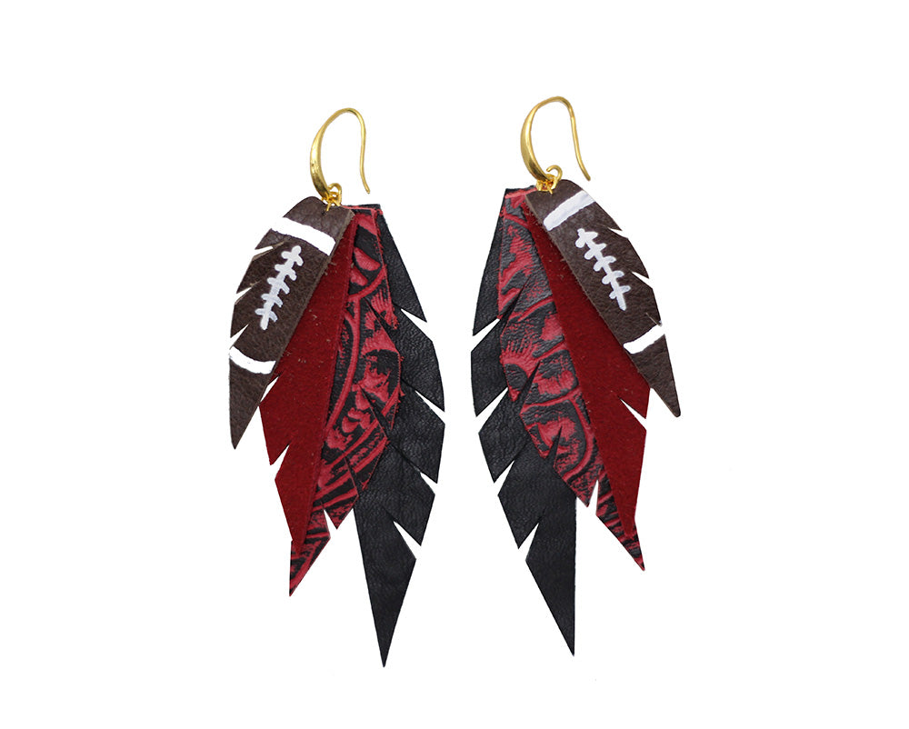Layered Leather Football Earring- Red Black-Layered Feather + Dipped Earrings-Wholesale-Boutique-Clothing-Accessories