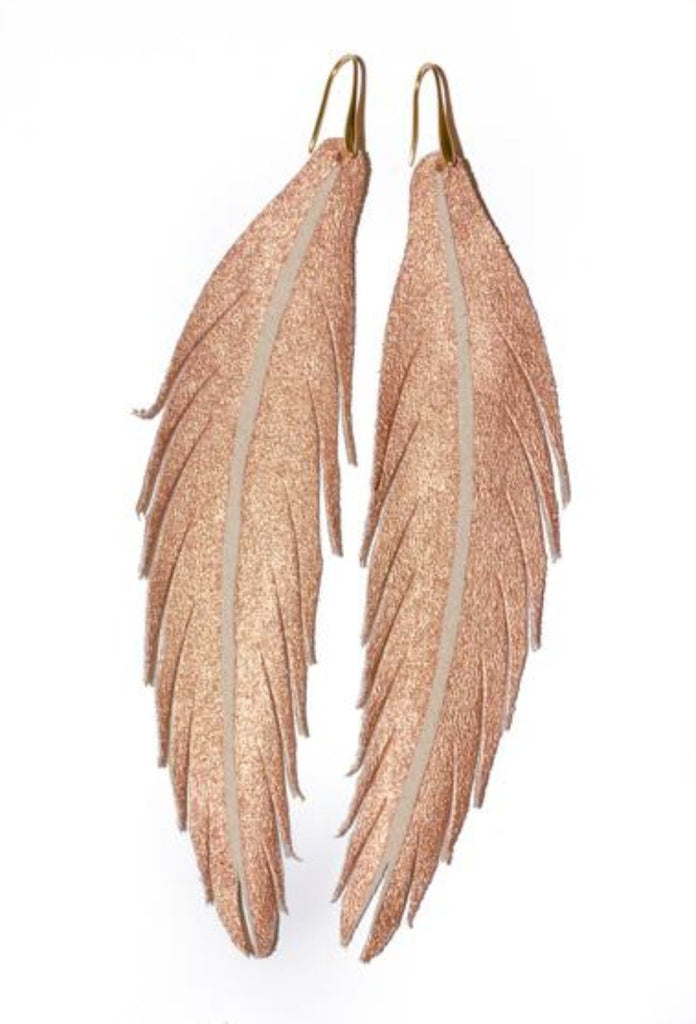 Long Feather Leather Earring - Rose Gold Painted-Long Feather Leather Earrings-Wholesale-Boutique-Clothing-Accessories