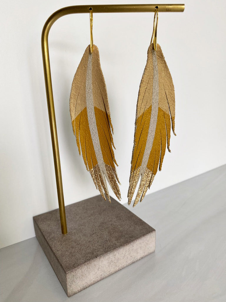 Short Feather Chevron Leather Earrings - Champagne Mustard Gold Glitter-Short Feather Leather Earrings-Wholesale-Boutique-Clothing-Accessories