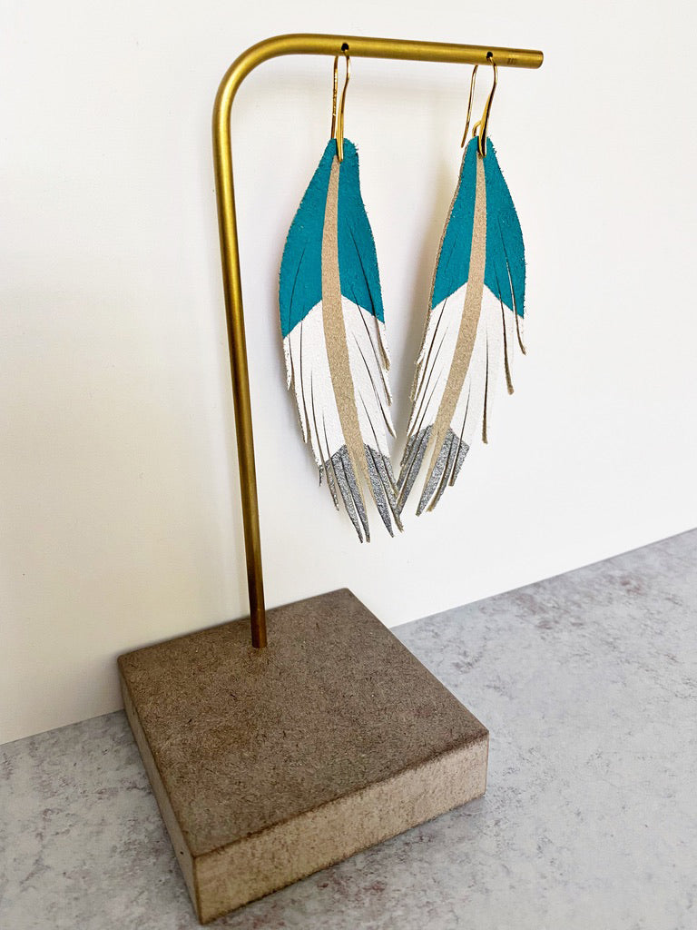 Short Feather Chevron Leather Earrings - Turquoise White Pewter-Short Feather Leather Earrings-Wholesale-Boutique-Clothing-Accessories