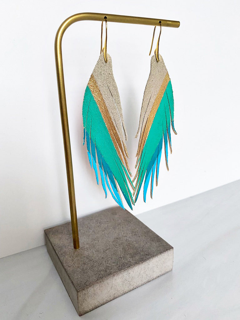 Short Feather Diagonal Stripe Leather Earrings - Blue Gold-Short Feather Leather Earrings-Wholesale-Boutique-Clothing-Accessories