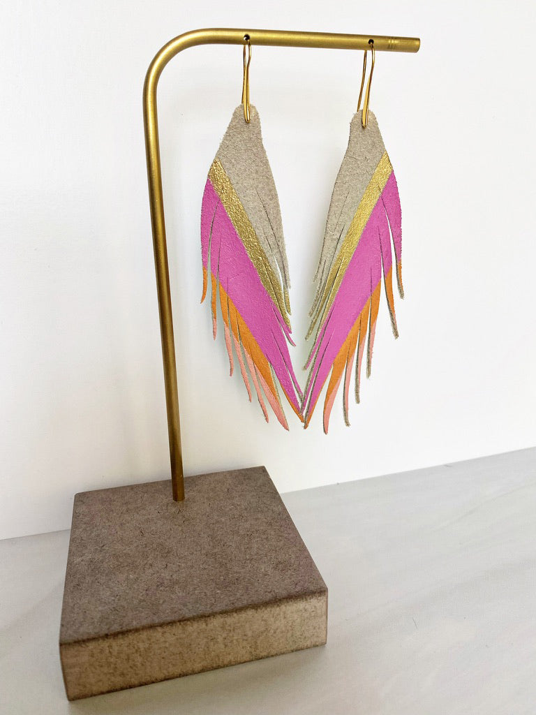 Short Feather Diagonal Stripe Leather Earrings - Orange Pink Gold-Short Feather Leather Earrings-Wholesale-Boutique-Clothing-Accessories