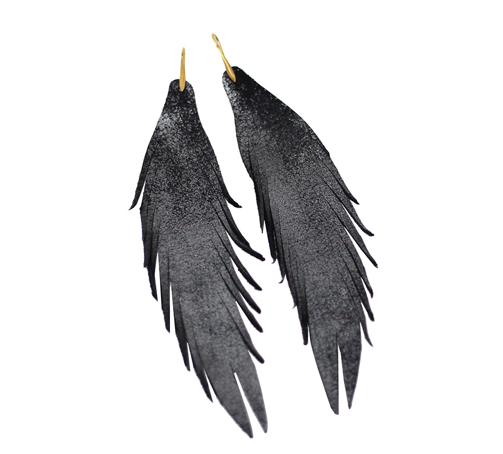 Long Feather Leather Earring - Black Metallic-Long Feather Leather Earrings-Wholesale-Boutique-Clothing-Accessories