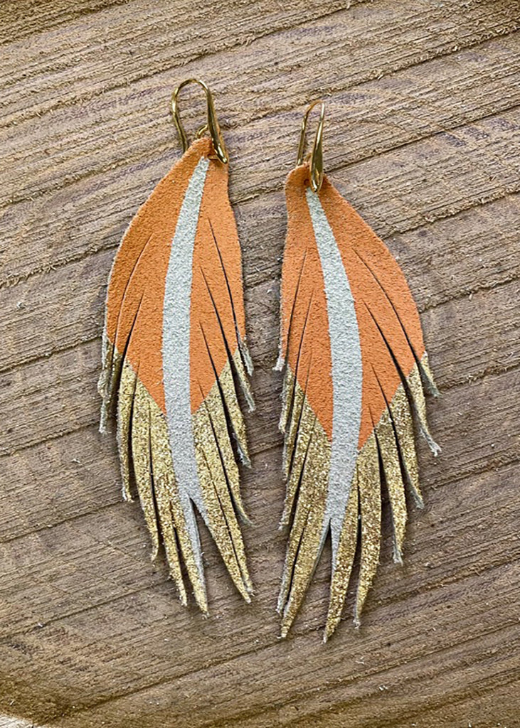 Short Feather Leather Earrings - Caramel/Gold Glitter-Short Feather Leather Earrings-Wholesale-Boutique-Clothing-Accessories