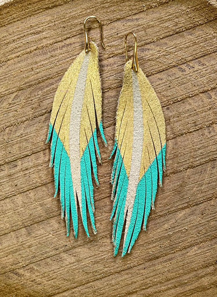 Short Feather Leather Earrings - Gold/South Beach-Short Feather Leather Earrings-Wholesale-Boutique-Clothing-Accessories