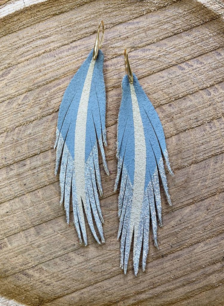 Short Feather Leather Earrings - Gray/Silver Glitter-Short Feather Leather Earrings-Wholesale-Boutique-Clothing-Accessories