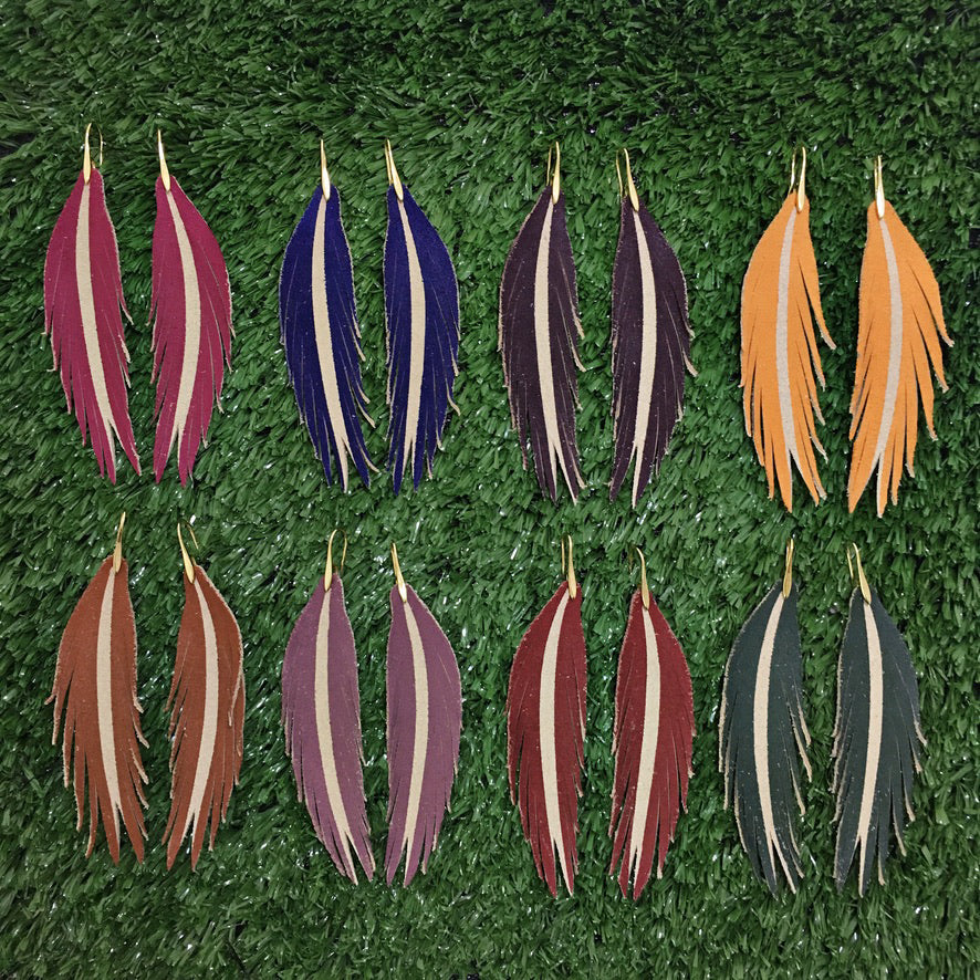Long Feather Leather Earrings - Painted Light Brown Suede-Long Feather Leather Earrings-Wholesale-Boutique-Clothing-Accessories