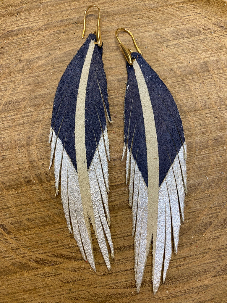 Short Feather Leather Earrings - Navy/Silver-Short Feather Leather Earrings-Wholesale-Boutique-Clothing-Accessories