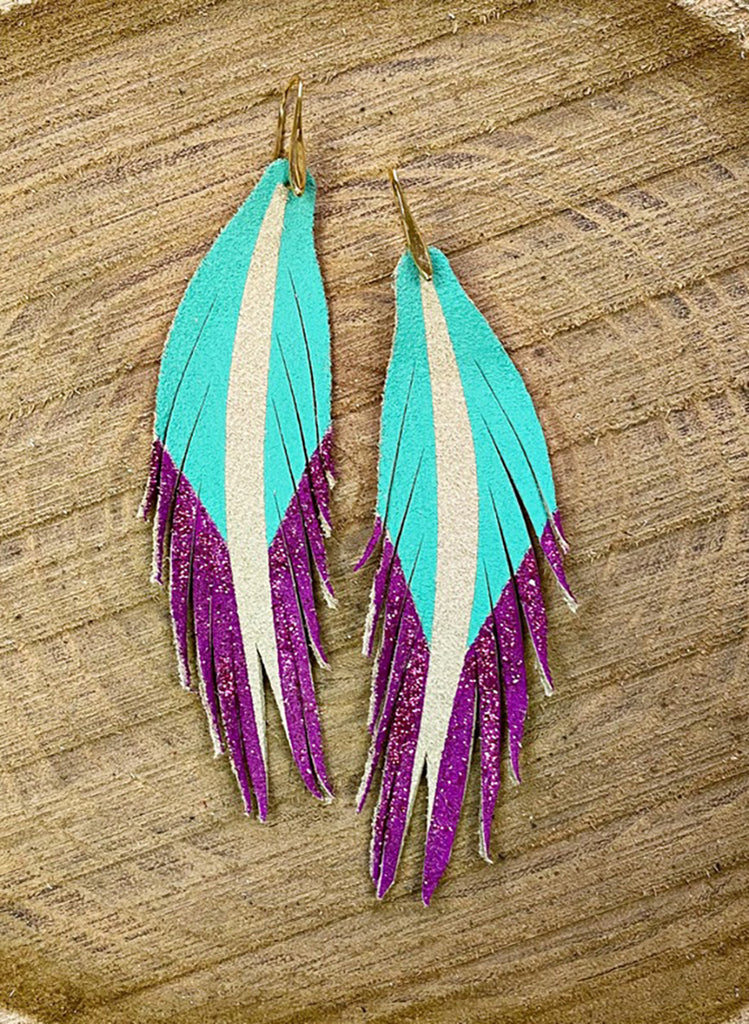 Short Feather Leather Earrings - South Beach/Fuchsia Glitter-Short Feather Leather Earrings-Wholesale-Boutique-Clothing-Accessories