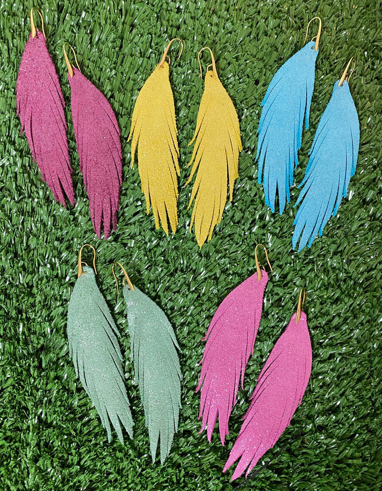 Short Feather Leather Earrings - Summer Sparkle-Short Feather Leather Earrings-Wholesale-Boutique-Clothing-Accessories
