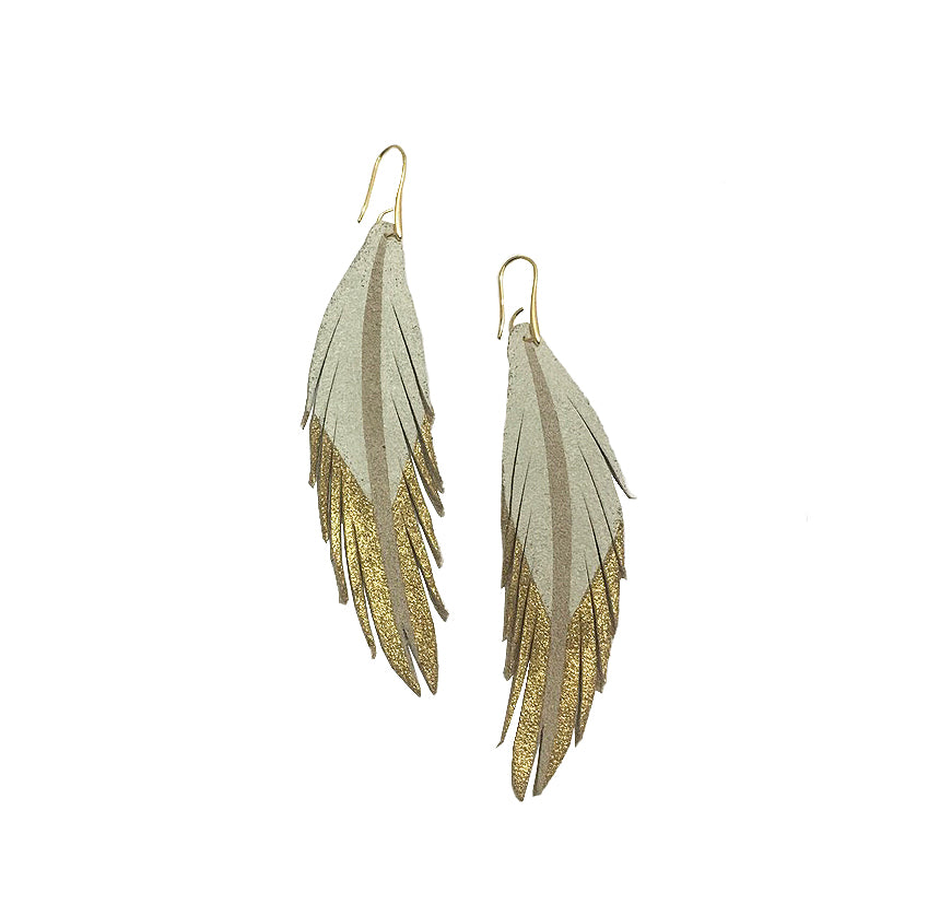 Short Feather Leather Earrings - White/Gold Painted-Short Feather Leather Earrings-Wholesale-Boutique-Clothing-Accessories