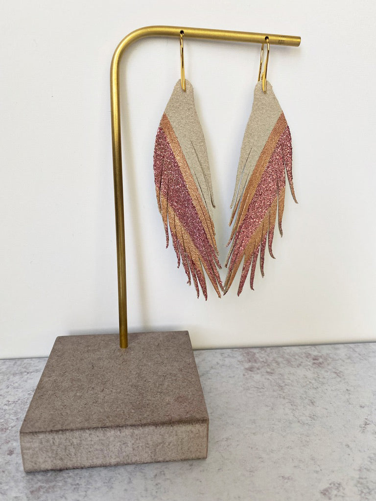 Diagonal Stripe Leather Earrings - Rose Gold Pink Glitter-Short Feather Leather Earrings-Wholesale-Boutique-Clothing-Accessories