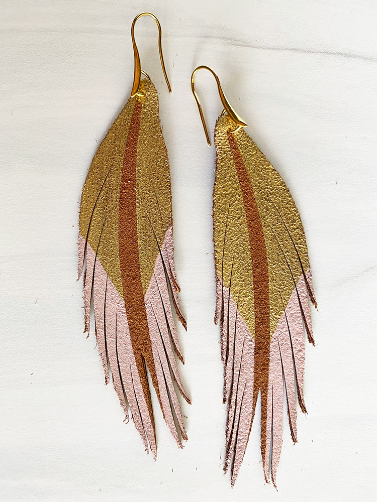Toast Color Leather Earrings - Gold Pink-Short Feather Leather Earrings-Wholesale-Boutique-Clothing-Accessories