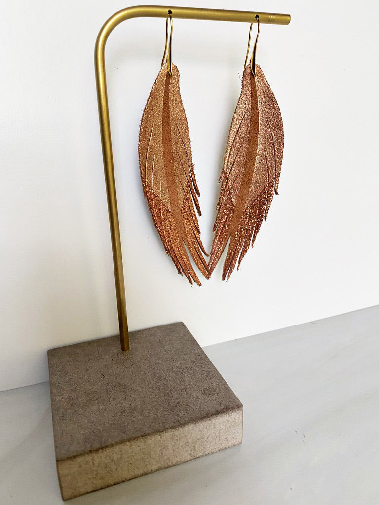 Toast Color Leather Earrings - Rose Gold/ Rose Gold Glitter-Short Feather Leather Earrings-Wholesale-Boutique-Clothing-Accessories