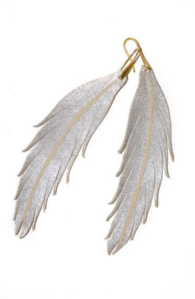 Short Feather Leather Earring - Silver Painted-Short Feather Leather Earrings-Wholesale-Boutique-Clothing-Accessories