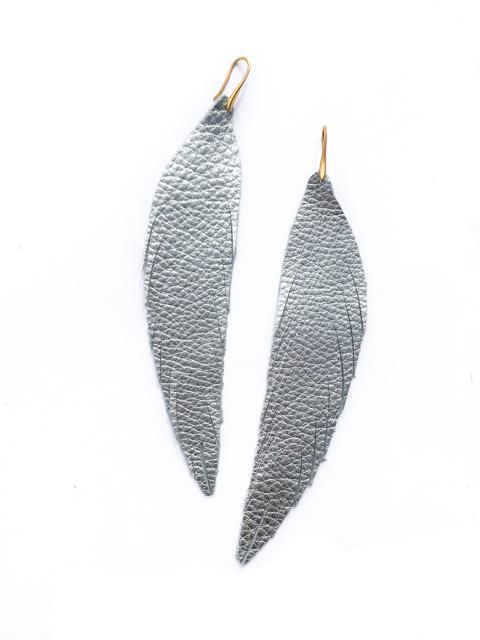 Long Feather Leather Earring - Silver Pebbled-Long Feather Leather Earrings-Wholesale-Boutique-Clothing-Accessories
