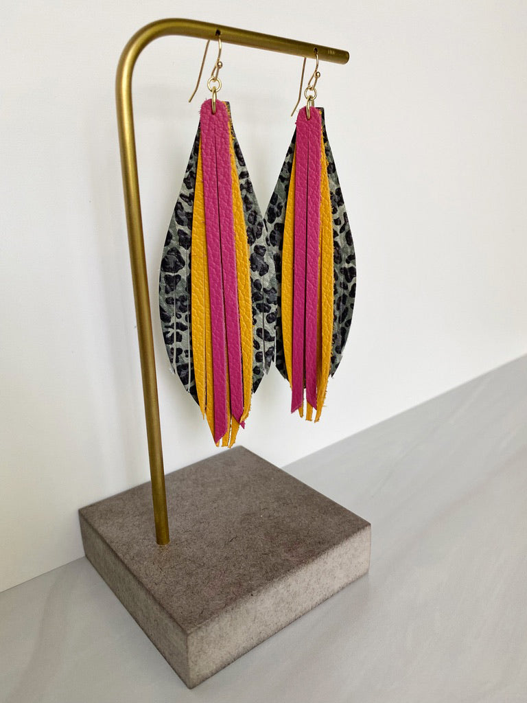Stacked Leaf Tassel Leather Earrings - Camo Leopard Mustard Fuchsia-Leather-Wholesale-Boutique-Clothing-Accessories