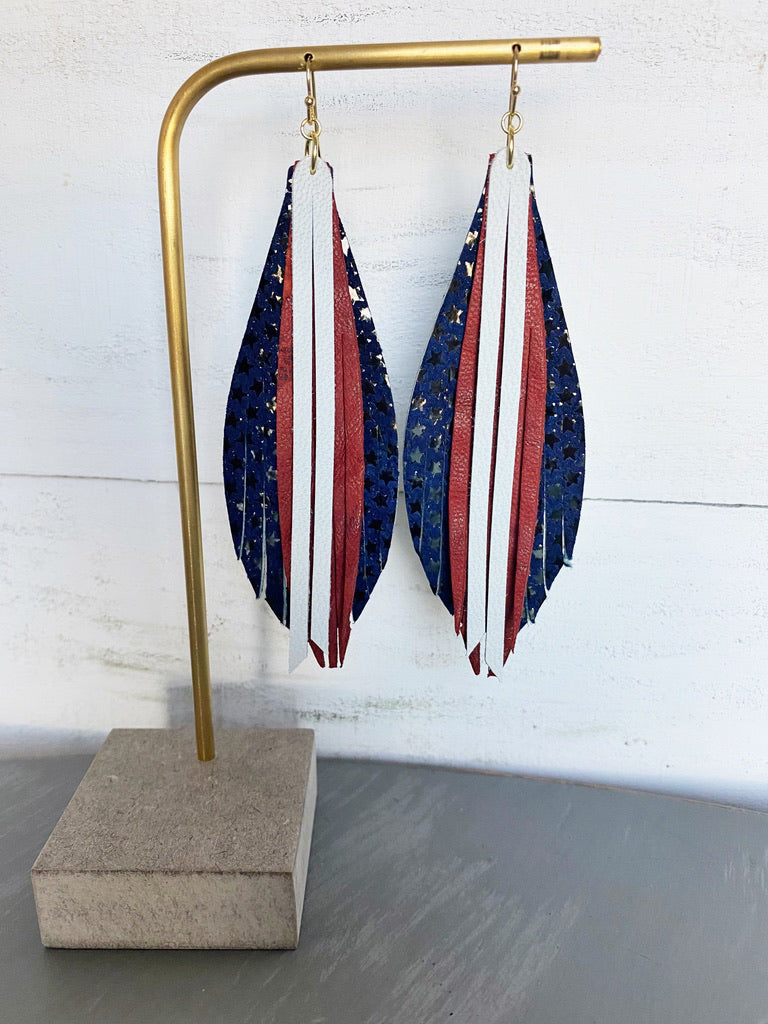 Stacked Leaf Tassel Leather Earrings - Red White Blue Stars-Leather-Wholesale-Boutique-Clothing-Accessories