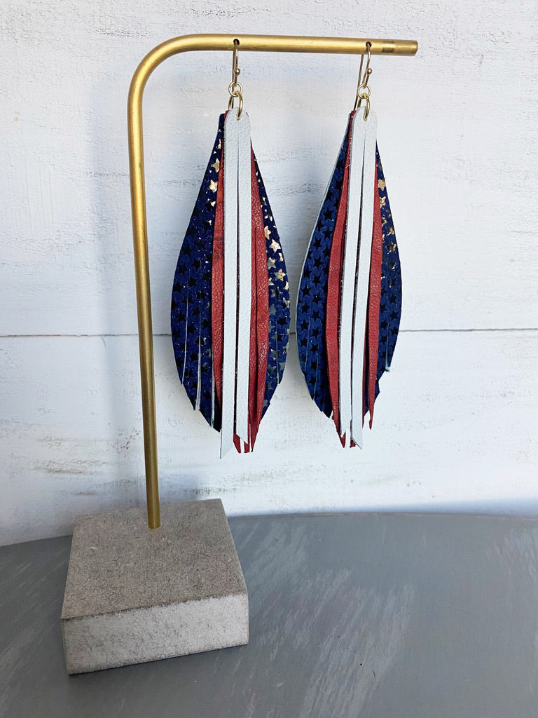 Stacked Leaf Tassel Leather Earrings - Red White Blue Stars-Leather-Wholesale-Boutique-Clothing-Accessories