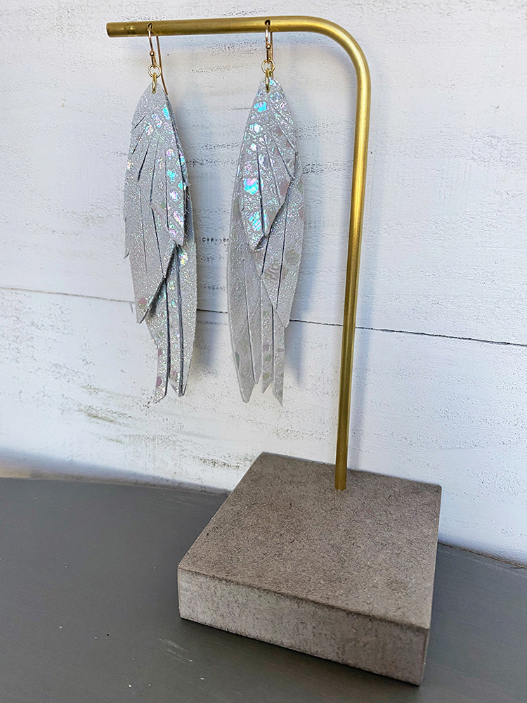 Layered Feather with Tassel - White Iridescent Python-Layered Leather Earrings-Wholesale-Boutique-Clothing-Accessories