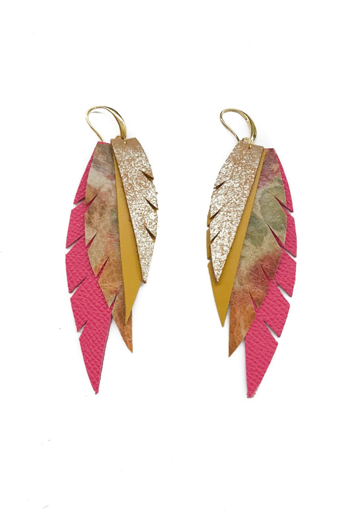 Layered Leather Earring - Hot Pink Floral Gold-Layered Feather + Dipped Earrings-Wholesale-Boutique-Clothing-Accessories